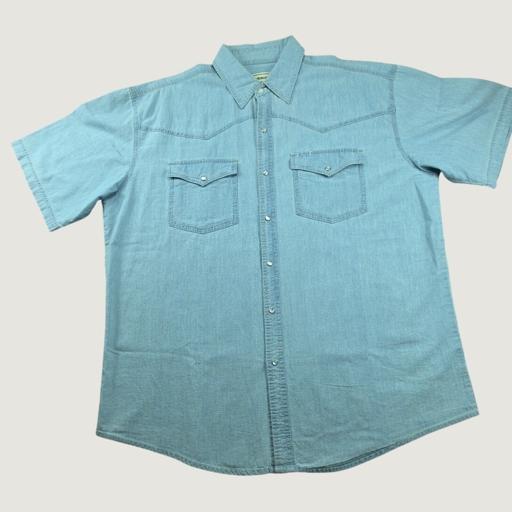 Bit & Bridle Mens XL Denim Western Shirt Light Blue Pearl Snap Short Sleeve